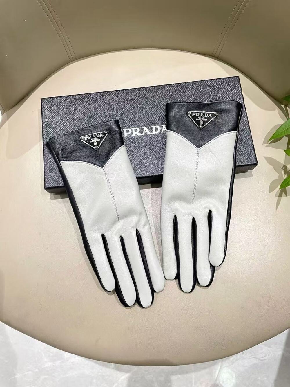 Prada Two-Tone Black & White Leather Triangle Logo Gloves